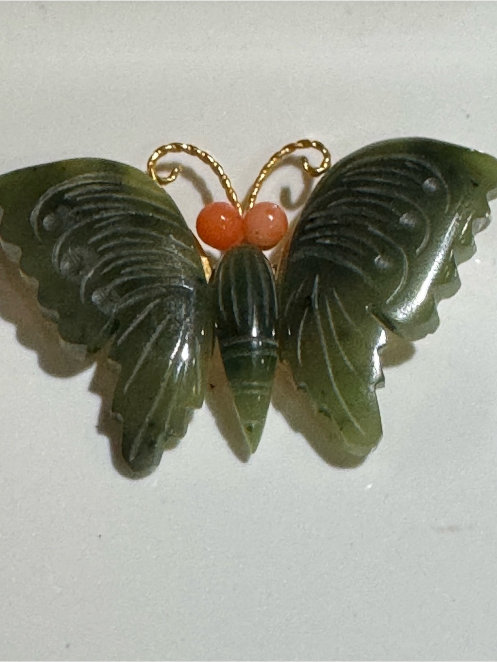 Vintage Jade and Coral Butterfly Brooch